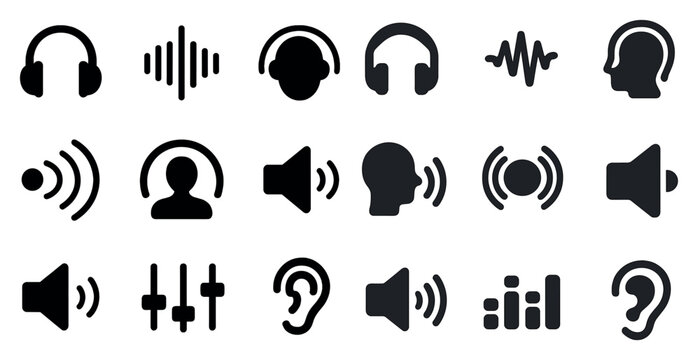 Audio and sound filled icons set – speakers, headphones, and acoustic symbols