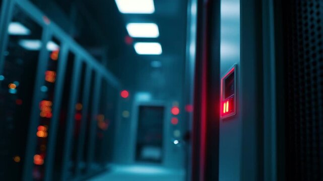 Cinematic shot of a secured server room entrance with clearance level panel and red access lights, surrounded by humming tech infrastructure