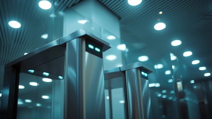 Cinematic shot of a futuristic turnstile gate with biometric hand scanner and LED indicator lights, set in a clean corporate lobby