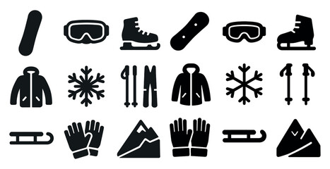 Winter sports silhouette icons set – skiing, snowboarding, cold weather gear symbols © Влада Яковенко