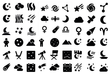 Astronomy solid icons set – black, celestial objects, stargazing symbols