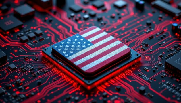 United states flag on a computer chip technology hub digital art futuristic environment close-up view innovation concept