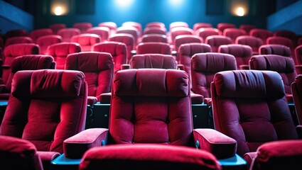 Obraz premium Empty theater with rows of red seats and dim lighting.