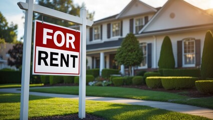 Obraz premium Property for rent sign on a residential house with a well-maintained yard and garden.