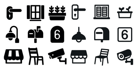 Home and garden outline icons set – linear, filled, decor and security symbols