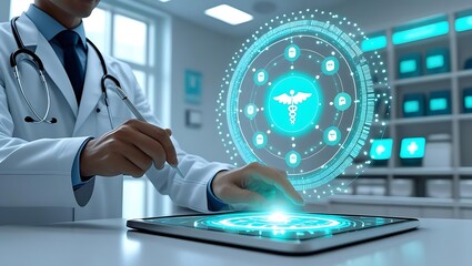 Doctor interacting with futuristic holographic medical interface on tablet