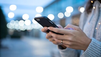 Close up of hands holding and using a smartphone with bokeh lights in the background