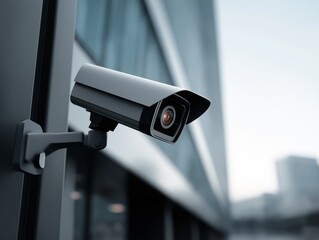 Security Surveillance Camera: An exterior security surveillance camera, mounted on a metallic pole, watches over a modern architectural facade.generative ai illustration
