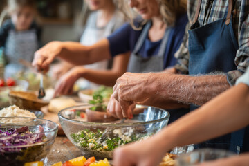 Close-up on three generations of hands preparing meal together, 