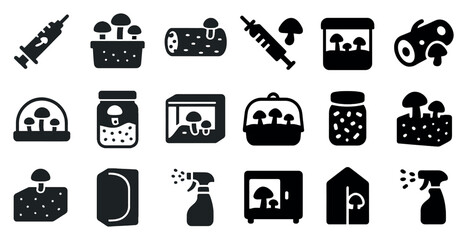 Fungi and mushroom solid icons set &ndash; silhouette, filled, mycology and growth symbols