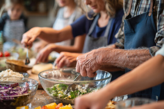 Close-up on three generations of hands preparing meal together,  - Powered by Adobe
