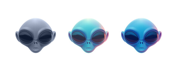 A set of colored alien heads with big eyes, 3D. Extraterrestrial life, fantasy. Icon, emoji. For advertising and prints. Vector illustration. © YarM