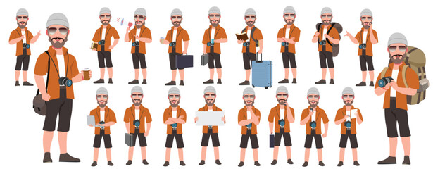 Traveler character model sheet, Character poses, expressions, Walk cycle, Run cycle animated character sequences.