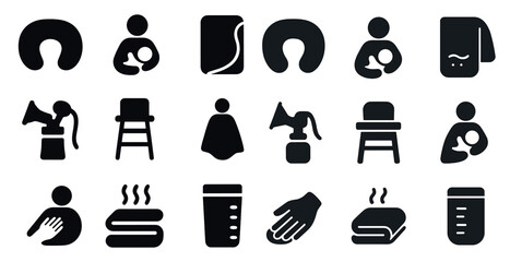 Breastfeeding solid icons set – filled, nursing, baby care symbols