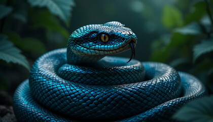Fototapeta premium Mysterious blue viper coiled in lush green jungle foliage