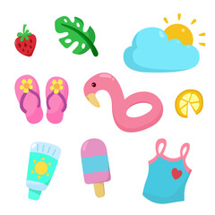 Cute flat design summer and beach essentials: inflatable flamingo, watermelon, swimwear, sunscreen, beach toys, drinks, and more for a sunny vacation.