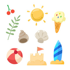 Cute flat design summer and beach essentials: inflatable flamingo, watermelon, swimwear, sunscreen, beach toys, drinks, and more for a sunny vacation.