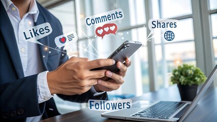 Man using smartphone with social media engagement icons and notifications