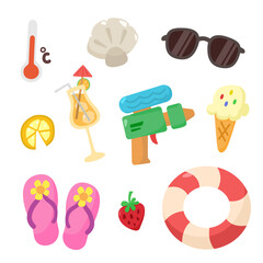 Cute flat design summer and beach essentials: inflatable flamingo, watermelon, swimwear, sunscreen, beach toys, drinks, and more for a sunny vacation.