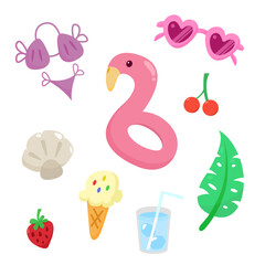 Cute flat design summer and beach essentials: inflatable flamingo, watermelon, swimwear, sunscreen, beach toys, drinks, and more for a sunny vacation.