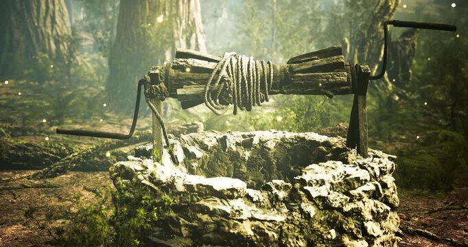 Surrounded by tall trees, an ancient stone well stands in a serene forest. Soft light filters through the branches, creating an enchanting atmosphere filled with tranquility.