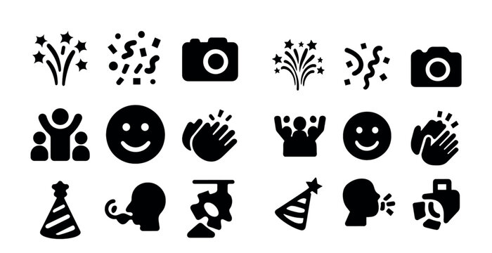 Celebration and party solid icons set – filled, event symbols, festive graphics
