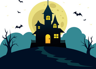 Fototapeta premium A Spooky Haunted House Vector Design Featuring a Grassy Knoll Perfect for Halloween and Horror Themes on white