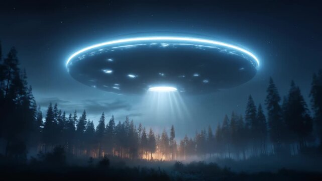 Spaceship hovering over dark forest at night. Alien landing over a rural landscape. UFO beam lights up the trees, video footage.