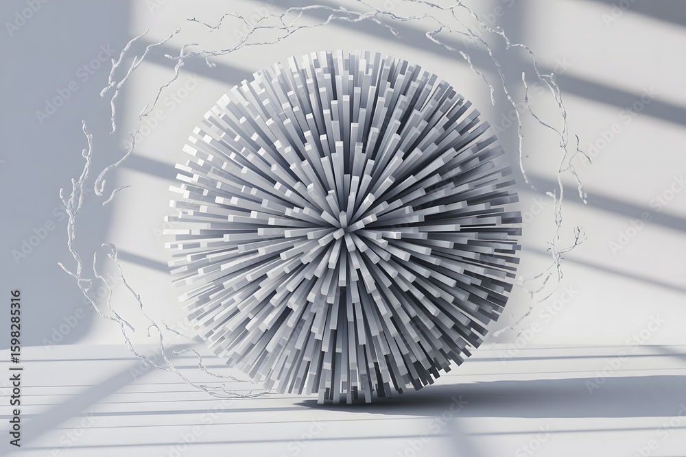 Fototapete abstract white sphere with rectangular protrusions and branch like elements in a minimalist setting 
