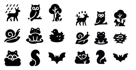 Fototapeta premium Animal nature solid icons set – outline, wildlife and forest creature symbols