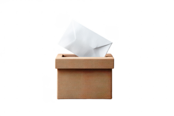 A textured, rectangular box with an open slot holds a white envelope partially inserted.