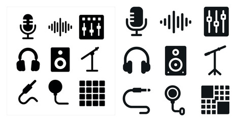Music equipment solid icons set – acoustic, audio, sound engineering symbols