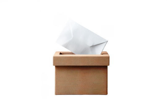 A textured, rectangular box with an open slot holds a white envelope partially inserted.