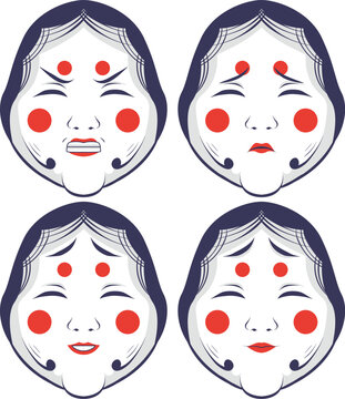 Vector illustration of a set of funny faces with mask Okame