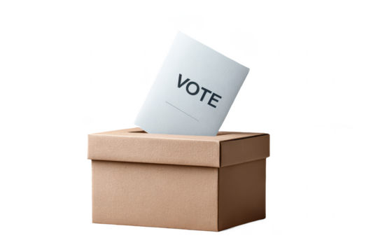 A paper labeled "VOTE" being inserted into a cardboard ballot box, symbolizing the act of voting in an election.