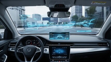 Driver's point of view of a futuristic car with an augmented reality heads-up display navigating a city street.