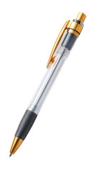 Naklejka premium A sleek ballpoint pen with gold accents and a transparent barrel showcasing its internal ink mechanism.
