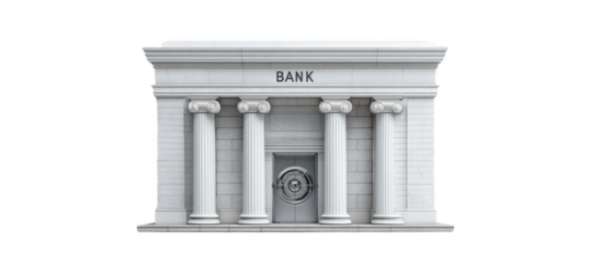 A classical bank building with six columns and a central vault door symbolizing security and finance.