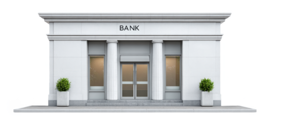 A white classical bank building facade with two large columns, double glass doors, and two potted green plants flanking the entrance.