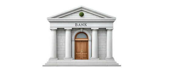 A classical bank building with four large columns, a triangular pediment, and a wooden double door entrance.