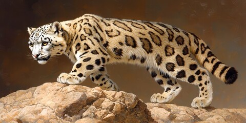 Fototapeta premium Elegant Snow Leopard Walking on Rocky Terrain in Natural Habitat