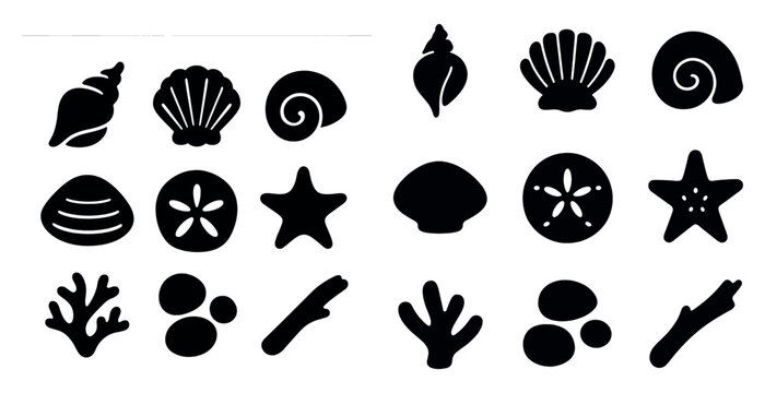 Seashell and marine silhouette icons set – aquatic, ocean, beach symbols