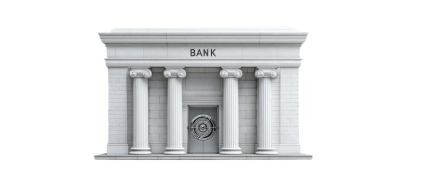 A classical bank building with six columns and a central vault door symbolizing security and finance.