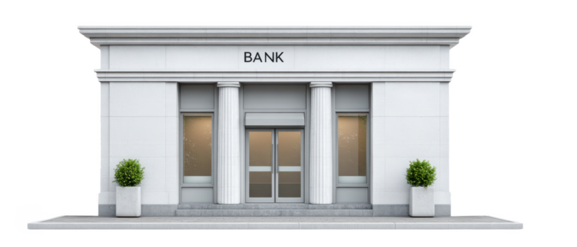 A white classical bank building facade with two large columns, double glass doors, and two potted green plants flanking the entrance.