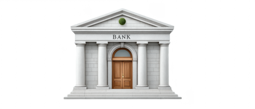 A classical bank building with four large columns, a triangular pediment, and a wooden double door entrance.