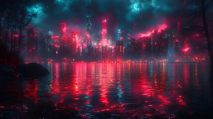 Fototapeta premium Neon cityscape reflected in a rainy lake at night.