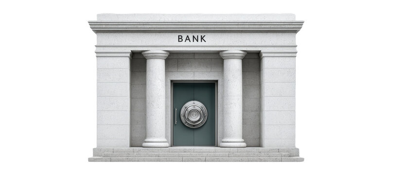 A classical bank facade with stone columns and a large, circular vault door at the center.