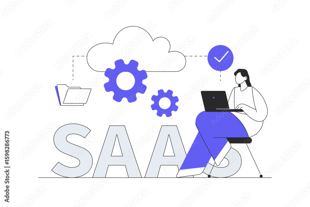 Poster saas web concept. woman using software as service with online subscription, working with program and