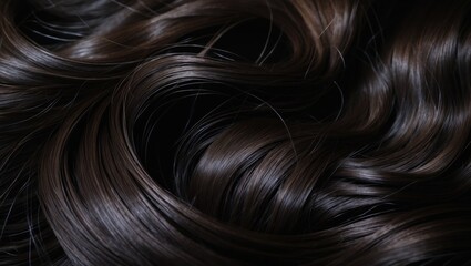 Naklejka premium Close-up of smooth, shiny brown hair with natural waves. Hair texture and beauty. Hair care and styling. The focus on hair health and aesthetics.