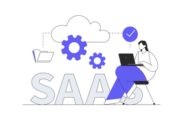 SaaS web concept. Woman using software as service with online subscription, working with program and cloud technology. Flat Cartoon Vector Illustration, icon. Stylish abstract design landing page